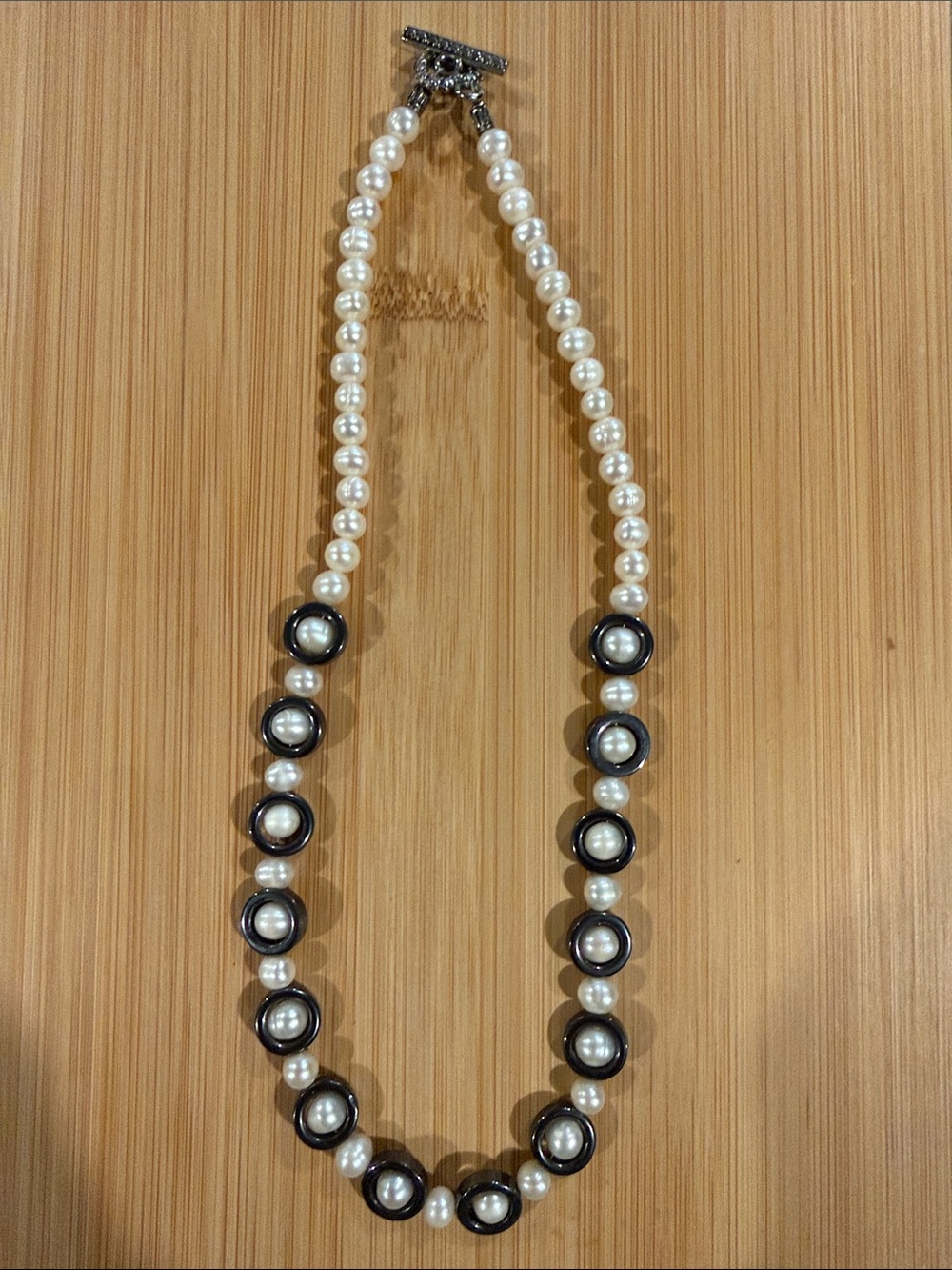 Classic White Pearl Colored Bead Necklace with Black Accents